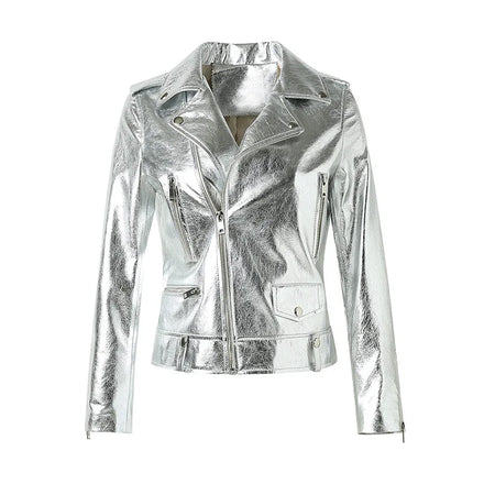 Winter Bright Silver Color Women Leather Coat Real Sheepskin Leather Motorcycle Jacket for Ladies
