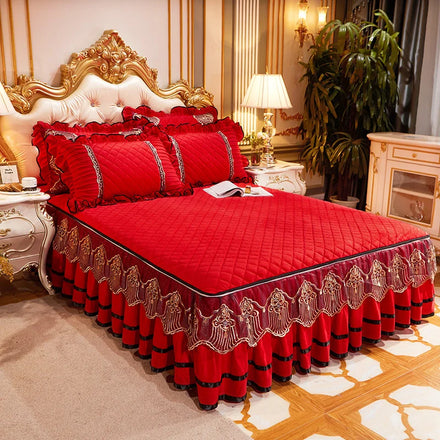 Sunny Textile Wholesale Autumn Winter Quilted Crystal Velvet Bed Skirt Princess Style Lace Thickened Non-slip Bedspread