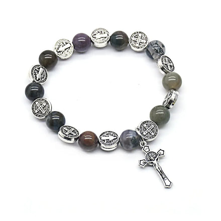 RisingMoon Wholesale 8mm Natural Stone Cross Crystal Bead Rosary Bracelets Christian Cross Bracelet Charms for Women Men