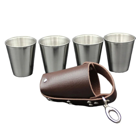 Mini Unbreakable 4pcs Metal Shot Glass Stainless Steel Travel Cups 75ml Eco-Friendly Drinking Vessel Set with PU Leather Bag