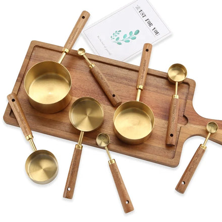 Set of 8 Golden Stainless Steel Measuring Cups with Wooden Handle Eco-Friendly Kitchen Tool