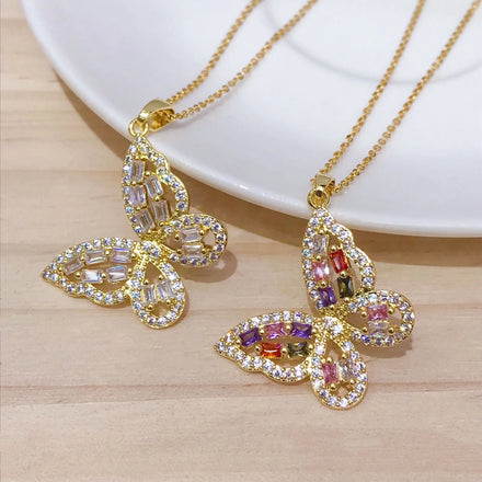 Oem Design Vintage Personalized Colorful Zircon Butterfly Pendant Necklaces