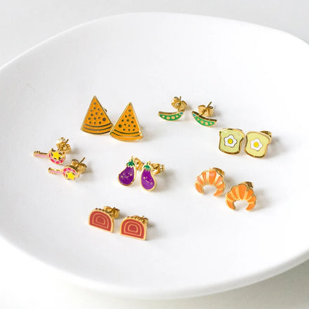 Hot Sale Stainless Steel Food Stud Vegetables Eggplant Pumpkin Bread Shaped Baked Hamburger Style Earrings for Children