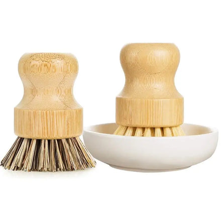 Palm Pot Dish Brush- Eco Friendly Bamboo Mini Durable Scrub for Kitchen Cleaning with Ceramics Holder