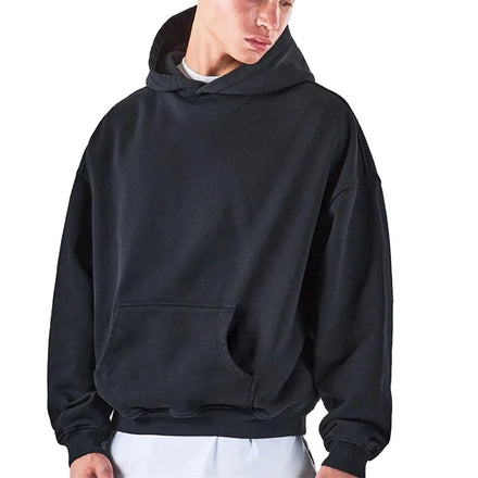 Wholesale Heavyweight Solid Hooded Oversized Hoodie 100% Cotton Washed Black Regular Length Custom Logo Men