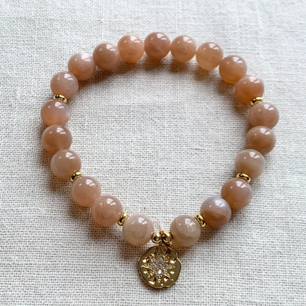 WMB44249 Natural Sunstone Mala Bracelet North Star Charm Gold Plated Reiki Healing Yoga Jewelry Gift for Women Wholesale