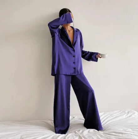 Wholesale Sleepwear Silk Satin Two Piece Pajamas Womens Long Sleeve Nightgown Comfortable Loungewear Pajamas Sets