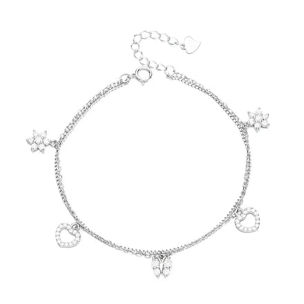Lover Gift Sterling Silver S925 Fashion Heart-shaped butterfly Silver Bracelet