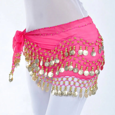 Women's Belly Dance Wave Shape Hip Scarf With 128 Gold Coins