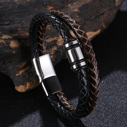 High Polished Magnetic Clasp Men's Braided Fashion Black Brown Bracelets Double Layer Leather Bracelet