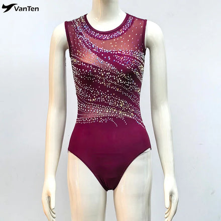 Custom Made Burgundy Full Rhinestone Sparkling Competition Gymnastics Leotard for Women Youth&Adult Sizes