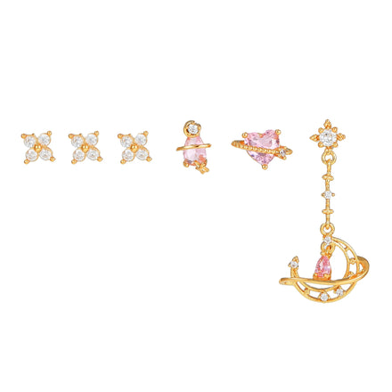 6pcs/set 925 Silver Stud Earrings with Heart Moon Design 18K Gold-Plated Pink Zircon Trendy Style for Wedding or Daily Use