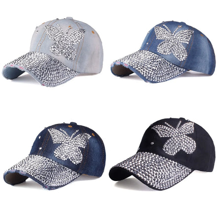 Women Fashion Butterfly Rhinestone Adjustable Baseball Hat Summer Outdoor Visor Sun Hats