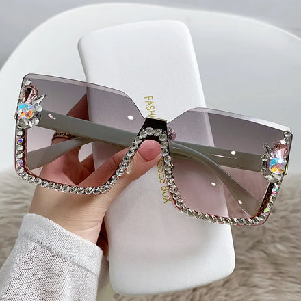 Lunettes De Soleil Mode Gradient Rhinestone Sun Glasses Female Shades Rimless Large Square Frame Sunglasses