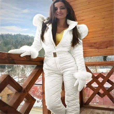 2025 Women One Pieces Fur Hoodie Ski Suits Coveralls Winter Ski Jumpsuits Plus Size Outdoor Snowsuits