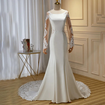 4395# Exquisite Boat Neck Illusion Lace Sweep Train Mermaid Wedding Dress Modern Long Sleeve With Appliques Black Bride Gown