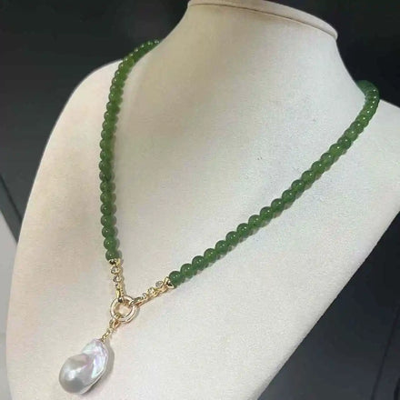 55CM Sweater Chain 6mm Jade Long Necklace Natural Shaped Baroque Pendant Pearl Gold Plated AAA Quality Freshwater Pearl