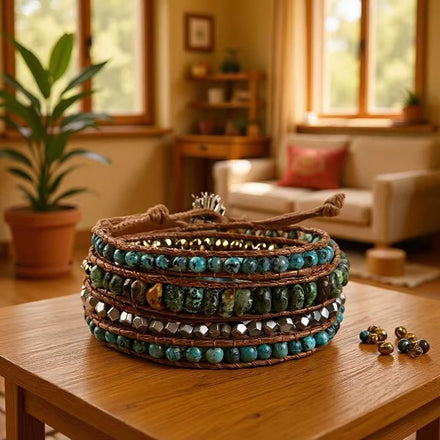 Women Bohemian Custom Handmade Jewelry African Turquoise Pearl Natural Gemstone Crystal Glass Hematite 5 Strand Wrap Bracelet