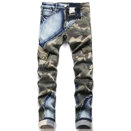 Men Printed Stretch Denim Jeans Streetwear Patchwork Painted Biker Pants Holes Ripped Distressed Slim Tapered Trousers