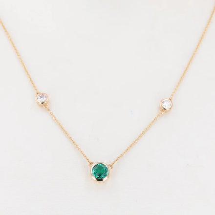Fine Jewelry Necklaces Lab Emerald columbia Stone Round Shape Diamond Necklace 14k Gold 18 Inches.