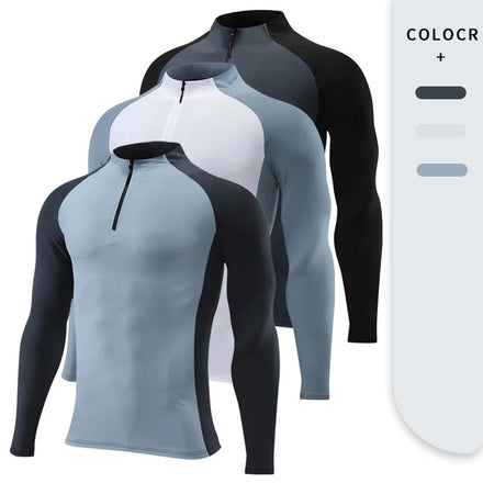 Men's Long Sleeve T Shirt Fitness Contrast Color Sleeve Gym Tops Quick Dry Quarter Zip Sports T-shirt