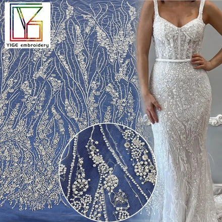 Women Luxury Beaded Evening Dress Lace With Sequin White Pearl Tulle Beads Mesh Embroidery French Bridal Lace Fabric