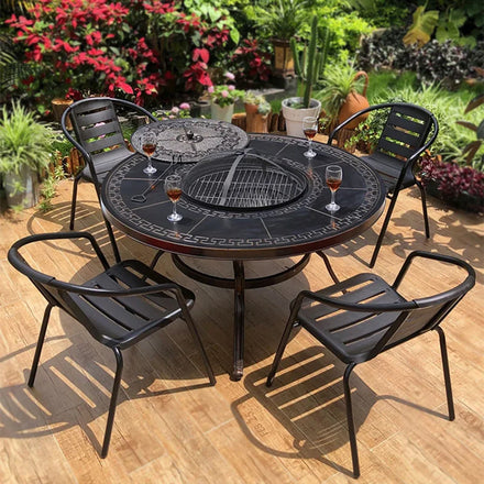 Outdoor Courtyard Barbecue Table Chair Combination European Garden Leisure Aluminum BBQ Set Black 122cm