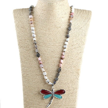 Fashion Bohemian Jewelry Mix Color Natural Stone Gravel Knotted Necklace Red & Blue Wing Dragonfly Pendant Necklace