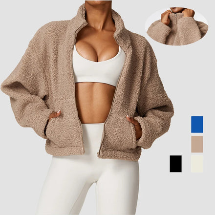 New Lambswool Running Long Sleeve Tops Stand Collar Sport Outfit Zip up Winter Women Fitness Jackets With Pockets