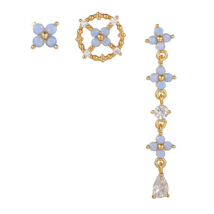 Summer Fresh Light Blue Flower18k Gold Brass Drop Earring 3pcs Set Japanese Korean Style Orchid Earring Stud for Women and Girls