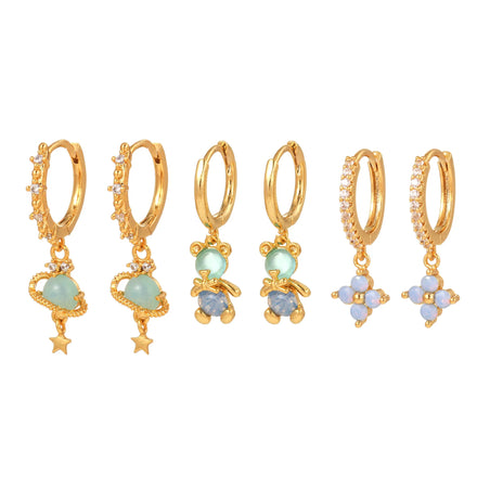 Hot Bear Flower Huggie Earrings Hoop Set Jewelry Wholesale Korean Copper Zircon Women Girls 18K Gold Plated Drop Cuff Earrings