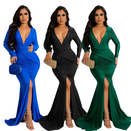 2024 Women's Deep V Long Sleeve Pleated Smooth Bright Floor Length Dress Split Evening Dress Dress
