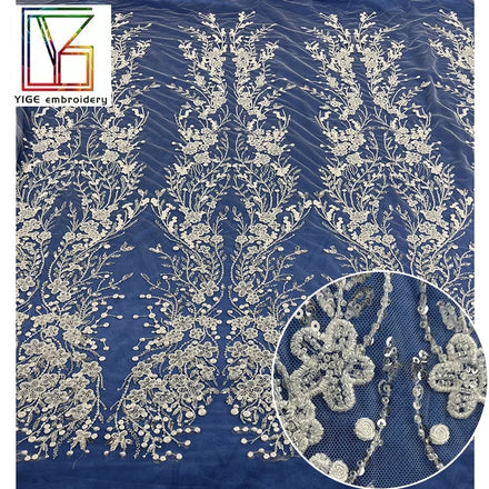Luxury Bridal 3d Flower Embroidery Sequin Mesh Lace Fabric French White Wedding Beaded Tulle Lace Fabric for Dresses Women