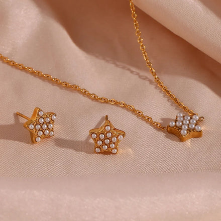 Dainty Star Shape Pearl Necklace and Pearl Stud Earring Set 18K Gold Plated Stainless Steel Pendant Necklace