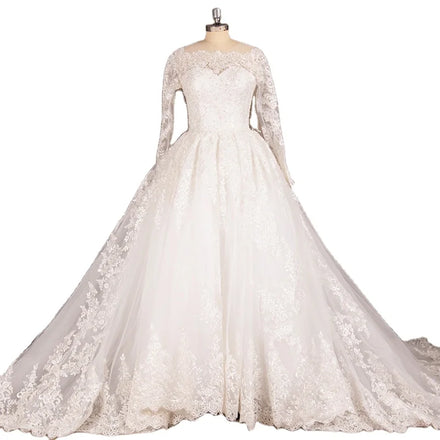9239# Real Photos Off Shoulder Wedding Dresses Wholesale Illusion Beading Lace Applique Long Sleeve Princess Ball Gown