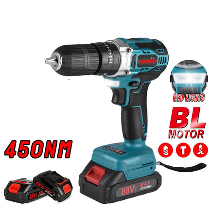 1000W 450NM Brushless Cordless Impact Drill & Hammer Drill 25+3 Torque 13mm Chuck 18V OEM Battery DIY