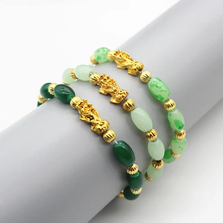 Green Jade Beads Brave Lucky Gold Plated Pixiu Charm Bracelets Wealth Luck Beaded Pixiu Bracelets