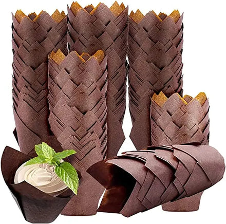 Tulip 100pcs Rustic Cupcake Wrapper Brown White Nature Color Muffin Liners Paper Cake Cups with PVC Box Packaging Cake Tools