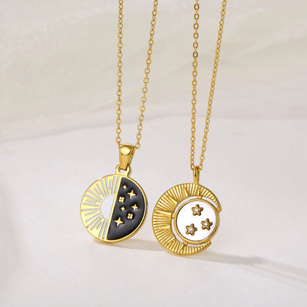 New Arrival Personalized Engraved Stainless Steel Round Shape Pendant Necklace Vintage Retro Dark Light Star Sun Moon Chains