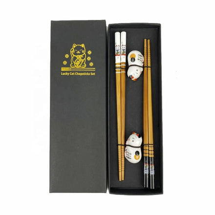 Fortune Cat Luxury Japanese Bamboo Chopsticks Set Elegant Dining Essential Ceramic Chopstick Rest Elegant Panda Flatware Set