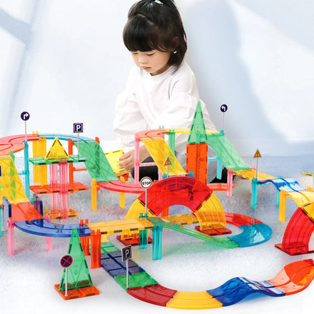 China Manufacture Children Magnetic Racing Car Tracking LED Car Educational Learning Stem Toy Magnetic Building Blocks for Kids