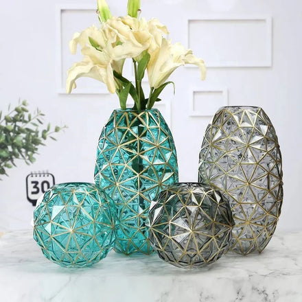 Smart Light Luxury Nordic Living Room Dinner Table Flower Water Raised Diamond Strip Gray Green Gold Rimmed Glass Vase