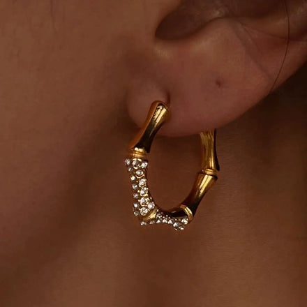 2022 New 18k Gold Plated Unique Hypoallergenic Stainless Steel Vintage Pentagonal Bamboo Zircon Iced Out Earrings