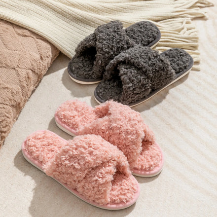 MIO Open Toe Cozy Winter Warm Home Soft Bottom Women Fluffy Sherpa Plush Indoor Slippers Fur Lining Wool-liked House Slippers