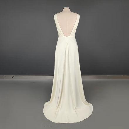 #10795White/Beige Sheath Boat Neck Wedding Dress With Sweep Train Sleeveless Open V-Back Criss-Cross Stain Bride Gown Prom Dress