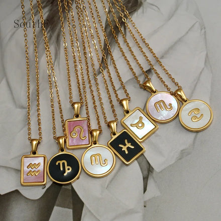 12 Zodiac Signs Necklace Mother of Pearl Inlay Vacuum Plated 18K Gold Titanium Steel Clavicle Chain