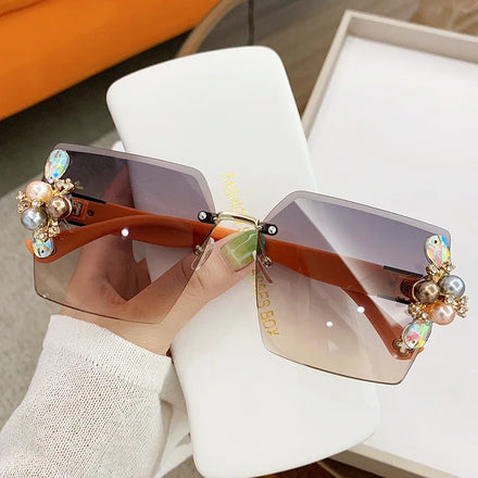 Les Lunettes De Soleil Famme Diamond Sun Glasses Large Frame Shades Gradient Anti UV Pearl Sunglasses