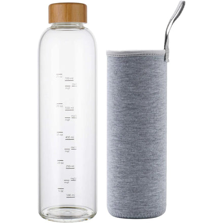 550Ml 750Ml 1000Ml Borosilicate Reusable Bamboo Lid Glass Tea Bottle With Time Maker
