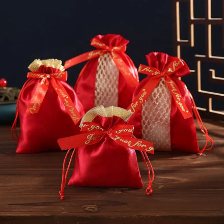 Satin Drawstring Bag Party Christmas Gift Bag Happy Luxury Jewelry Pouch Wedding Candy Gift Gold Edge Household Customizable