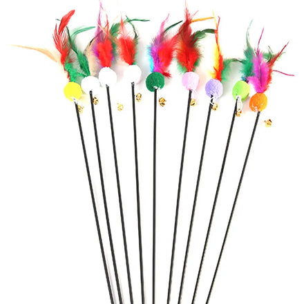 Wholesale Interactive Toy Cat Teaser Stick Toy Cat Playing Cat Rod Multicolor Feather Bell Plush Ball